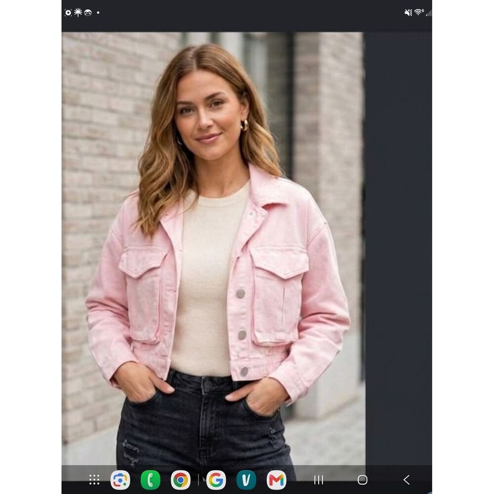 Amisu Pink Cropped Denim Jacket Women Medium Casual Pastel Layering Piece